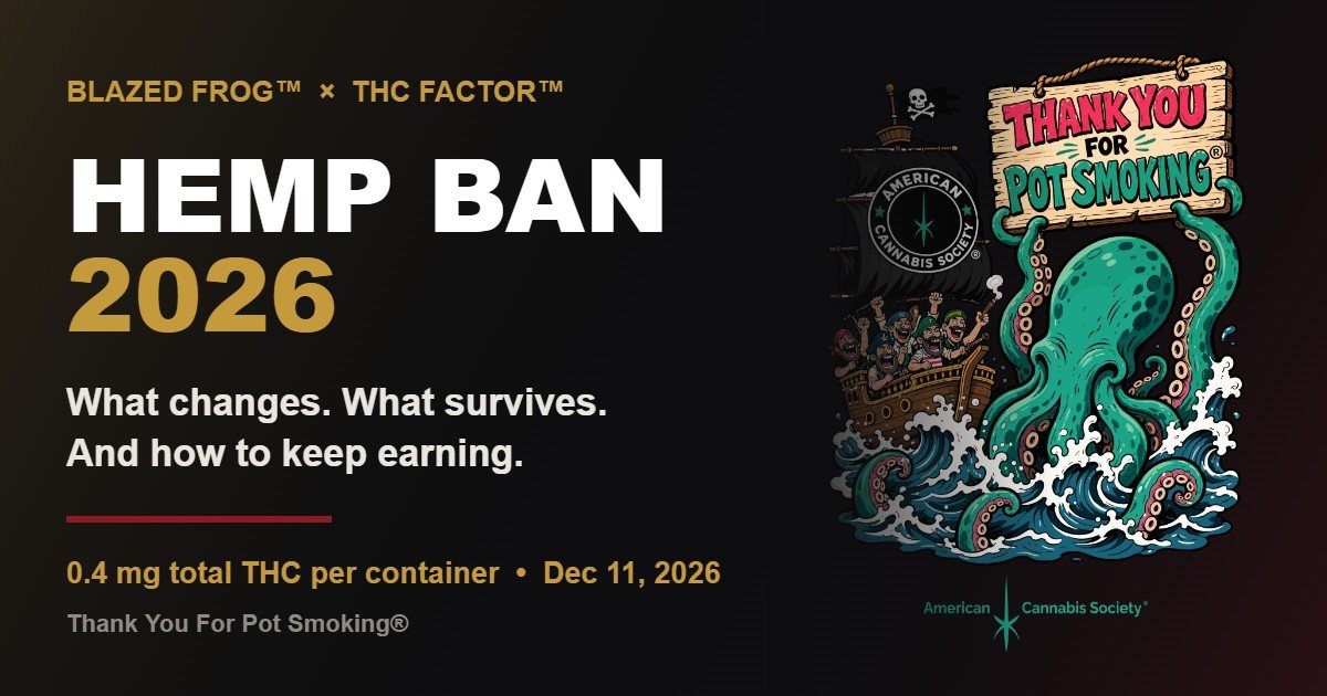 Hemp ban 2026 explainer graphic from Blazed Frog and THC Factor showing the 0.4 mg total THC per container limit